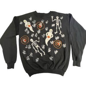 Vintage Halloween Sweatshirt Skeletons Ghosts Novelty Black Pullover‎